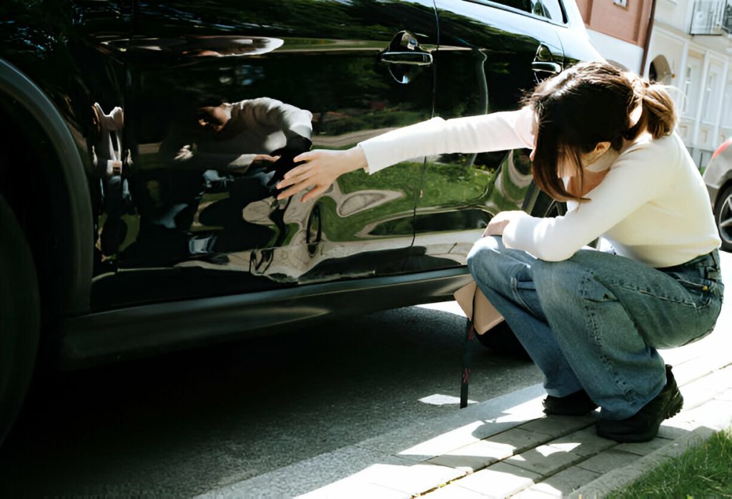 "A technician using PDR tools to fix a car dent."