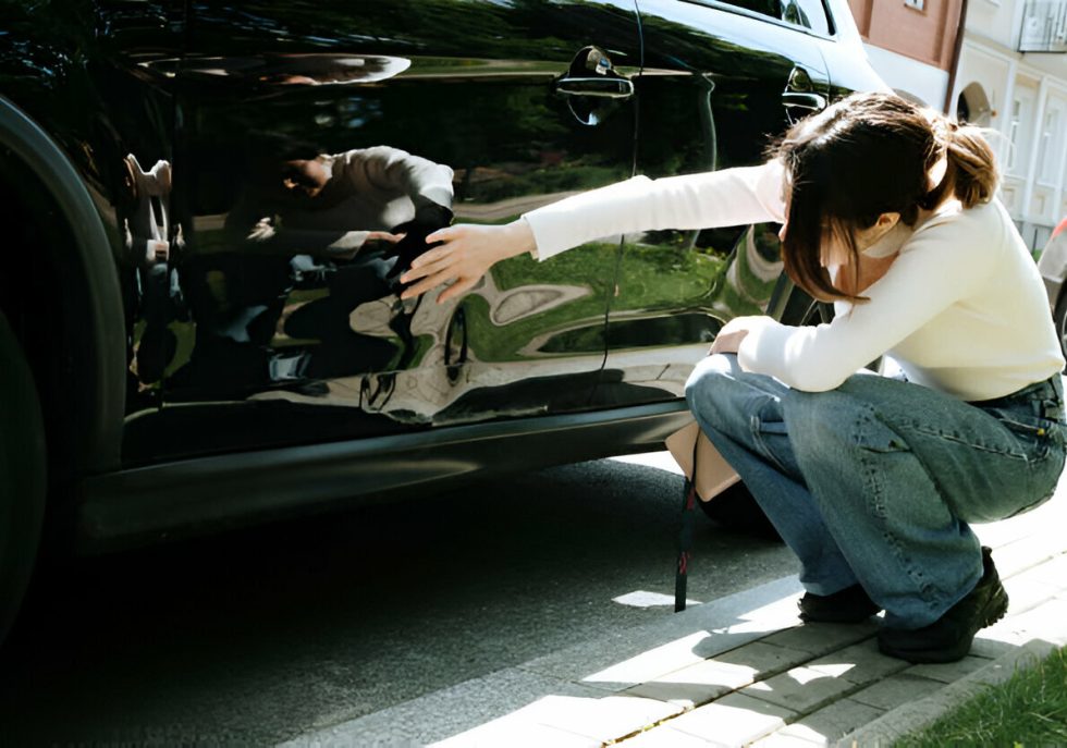 "A technician using PDR tools to fix a car dent."