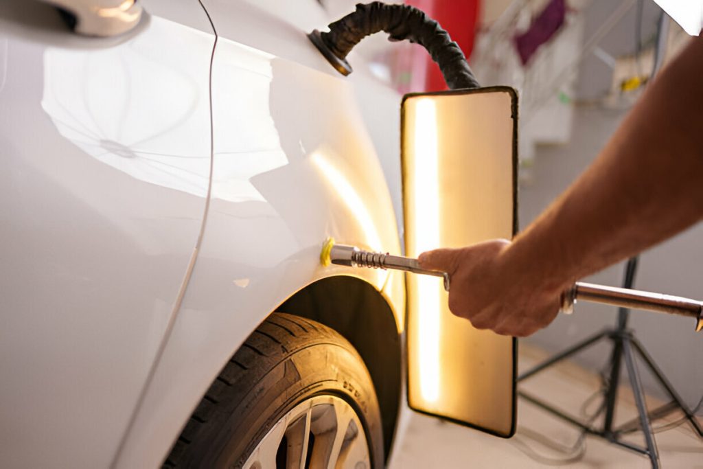 A small dent on a car door that could lead to bigger problems if ignored."