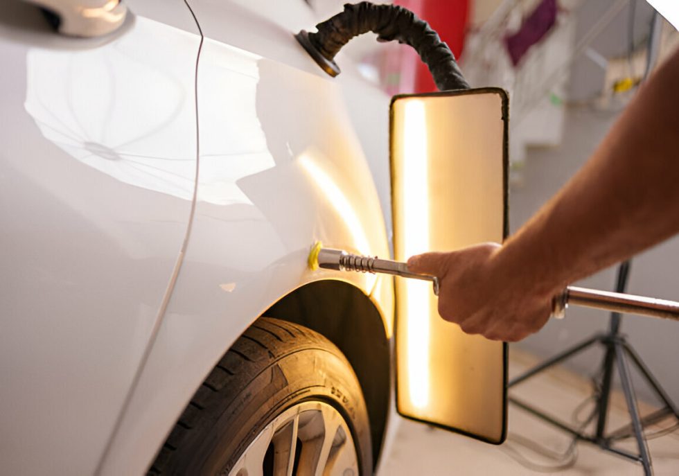 A small dent on a car door that could lead to bigger problems if ignored."