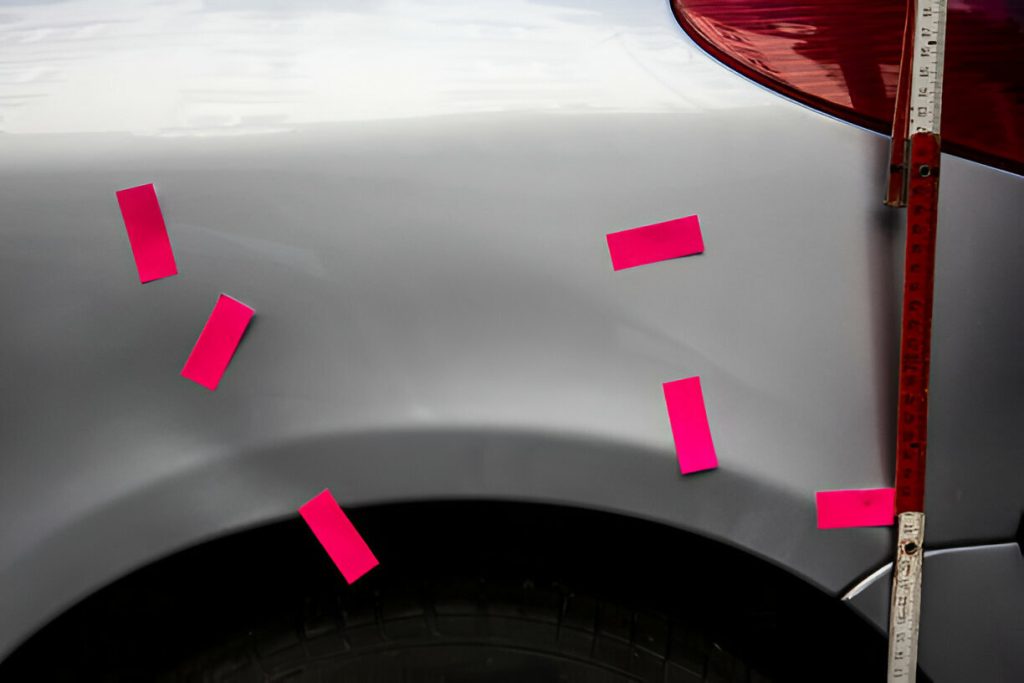 "Technician performing auto body dent repair using PDR techniques."