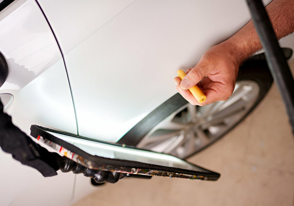 : "A car owner filing an insurance claim for paintless dent repair."