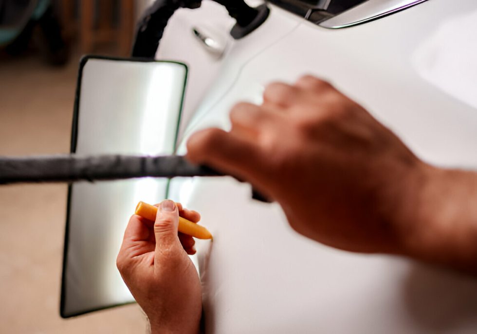 A mobile PDR technician performing a dent repair at a customer's location."