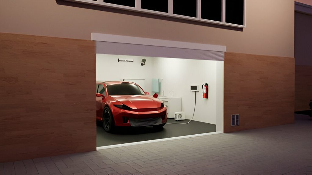 A car parked in a tight garage with foam padding on the walls to prevent door dings."