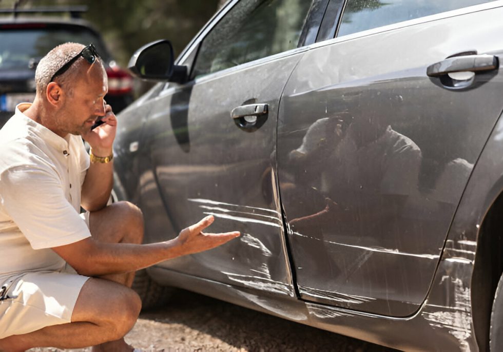 Cars parked in a busy lot with ample space to prevent door dings."